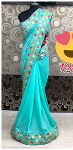 Womens SkyBlue Color Vichitra Silk Saree With Gota Work
