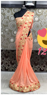 Womens Peach Color Vichitra Silk Saree With Gota Work