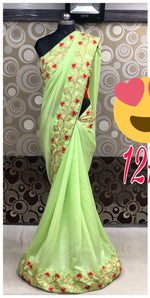 Womens Parrot Color Vichitra Silk Saree With Gota Work