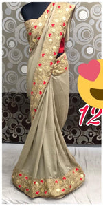 Womens Golden Color Vichitra Silk Saree With Gota Work