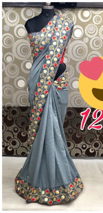 Womens Grey Color Vichitra Silk Saree With Gota Work