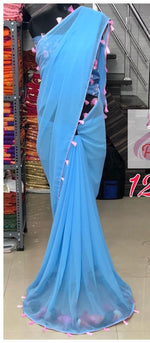 Womens SkyBlue Color Pure Georgette Saree With Plain With Piping Work