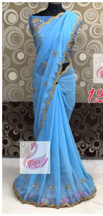 Womens SkyBlue Color Pure Georgette Saree With Embroidery Work