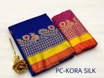 Womens Navy Color Kora Silk Saree With Chit Pallu Work