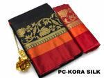 Womens Black Color Kora Silk Saree With Chit Pallu Work