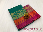 Womens Rama Color Kora Silk Saree With Chit Pallu Work