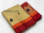 Womens Golden Color Kora Silk Saree With Chit Pallu Work