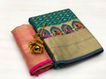 Womens Rama Color Soft Cotton Silk Saree With Zari Work