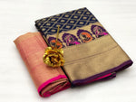 Womens Navy Color Soft Cotton Silk Saree With Zari Work