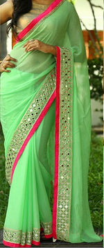 Womens Parrot Color Georgette Saree With Fancy Codding Lace Work