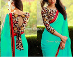 Womens Rama Color Georgette Saree With Blouse