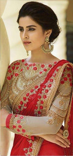 Womens Red Color Catonic Rangoli Saree With Blouse