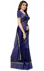 Chanderi Cotton NavyBlue Color Plain Saree in crepe pattern With Blouse