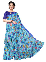 Womens Multi Blue Color Satin Georgette Saree With Ruffle Work