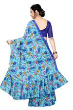 Womens Multi Blue Color Satin Georgette Saree With Ruffle Work