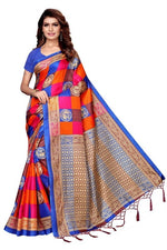 Womens Khadi Kalamkari Checks Mor Blue Saree With Blouse