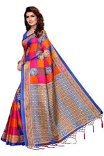 Womens Khadi Kalamkari Checks Mor Blue Saree With Blouse