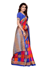 Womens Khadi Kalamkari Checks Mor Blue Saree With Blouse