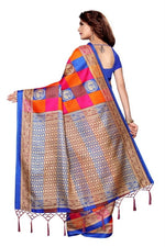 Womens Khadi Kalamkari Checks Mor Blue Saree With Blouse