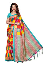Womens Khadi Kalamkari Checks Mor SkyBlue Saree With Blouse