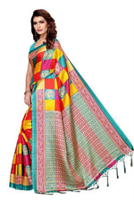 Womens Khadi Kalamkari Checks Mor SkyBlue Saree With Blouse