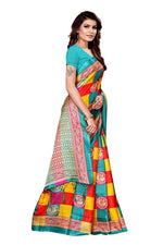 Womens Khadi Kalamkari Checks Mor SkyBlue Saree With Blouse