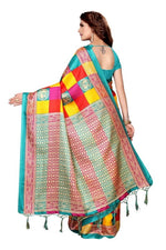 Womens Khadi Kalamkari Checks Mor SkyBlue Saree With Blouse