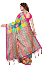 Womens Khadi Kalamkari Checks Mor Pink Saree With Blouse