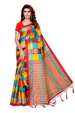 Womens Khadi Kalamkari Checks Mor Red Saree With Blouse