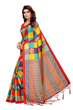 Womens Khadi Kalamkari Checks Mor Red Saree With Blouse