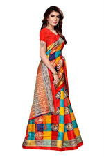 Womens Khadi Kalamkari Checks Mor Red Saree With Blouse
