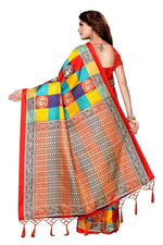 Womens Khadi Kalamkari Checks Mor Red Saree With Blouse