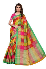 Womens Khadi Kalamkari Checks Saree With Blouse