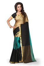 Womens Rama Color Cotton Silk Saree With Plain  Work