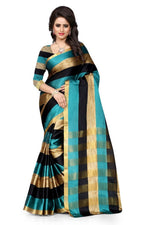Womens Rama Color Cotton Silk Saree With Plain  Work