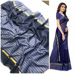 Chanderi Cotton NavyBlue Color Plain Saree in crepe pattern With Blouse