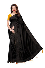 Womens Black Color Poly Silk Saree With Plain With Lace Work