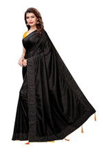 Womens Black Color Poly Silk Saree With Plain With Lace Work