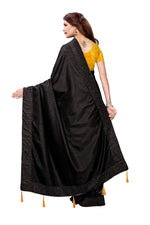 Womens Black Color Poly Silk Saree With Plain With Lace Work