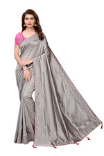 Womens Grey Color Poly Silk Saree With Plain With Lace Work