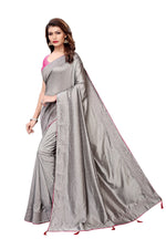 Womens Grey Color Poly Silk Saree With Plain With Lace Work