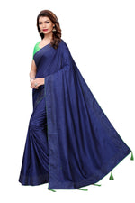 Womens Navy Color Poly Silk Saree With Plain With Lace Work