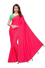 Womens Pink Color Poly Silk Saree With Plain With Lace Work