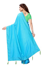 Womens Rama Color Poly Silk Saree With Plain With Lace Work