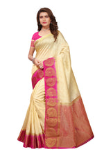 Women's Tusser Silk Kanjivaram Gold & Pink Contrast Pallu Saree With Blouse