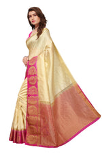 Women's Tusser Silk Kanjivaram Gold & Pink Contrast Pallu Saree With Blouse