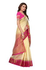 Women's Tusser Silk Kanjivaram Gold & Pink Contrast Pallu Saree With Blouse