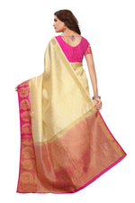 Women's Tusser Silk Kanjivaram Gold & Pink Contrast Pallu Saree With Blouse