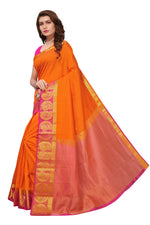 Women's Tusser Silk Kanjivaram Orange  Saree With Blouse