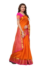 Women's Tusser Silk Kanjivaram Orange  Saree With Blouse